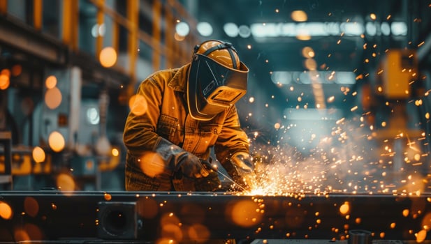 Metal welding operation in industrial environment with sparks photo