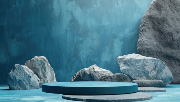 Tranquil stone display stage with blue podium and textured rock backdrop photo