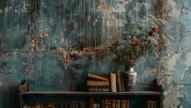 Vintage bookshelf with flowers against distressed wall backdrop photo