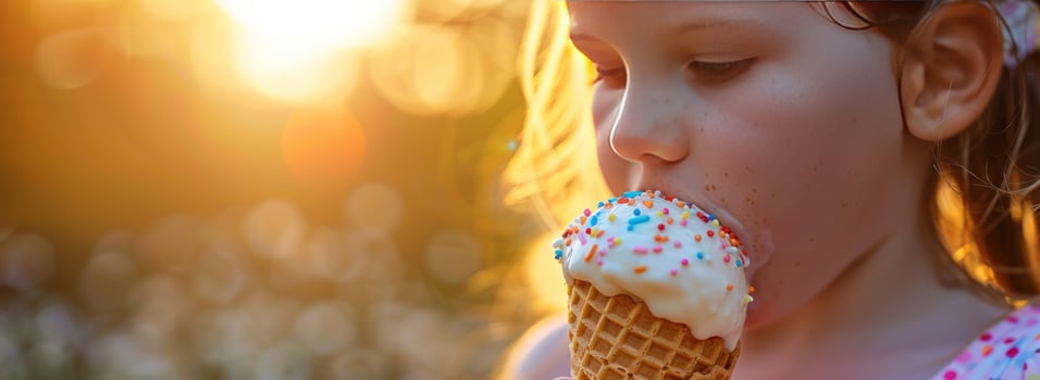 Girl eat ice cream cone in sunlight outdoor summer snack photo