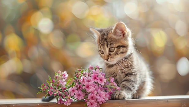 Striped kitten with pink flowers in soft sunlight outdoor pet portrait photo