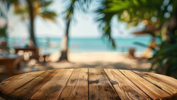 Wooden table with beach view background texture for product display summer vacation photo