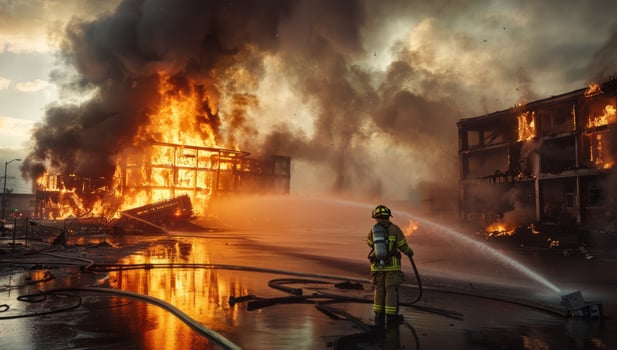 Firefighter extinguishing a burning building with water spray photo