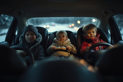 Three children in a car on a snowy road photo