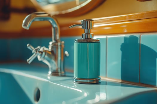 A blue sink with a soap dispenser sitting on it photo