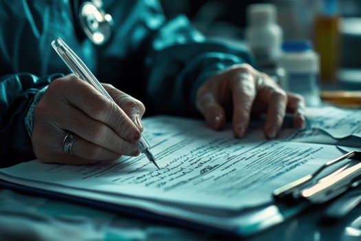A doctor writing on a paper with a pen photo
