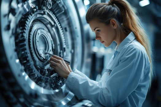 A woman in a lab coat is working on a machine photo