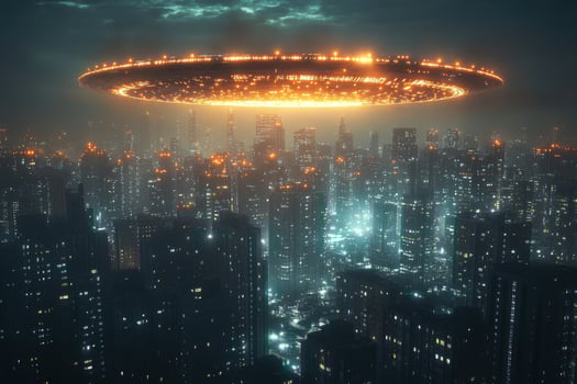 An alien spaceship flying over a city at night photo