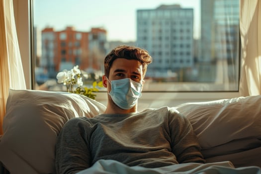 A man in a hospital mask sitting in bed photo