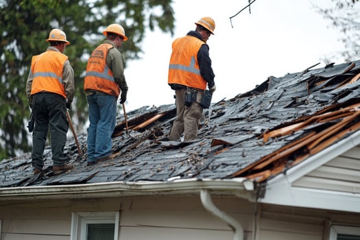 Three men in orange vests on the roof of a house photo