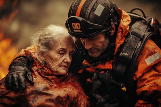 A man and woman in fire gear hugging each other photo