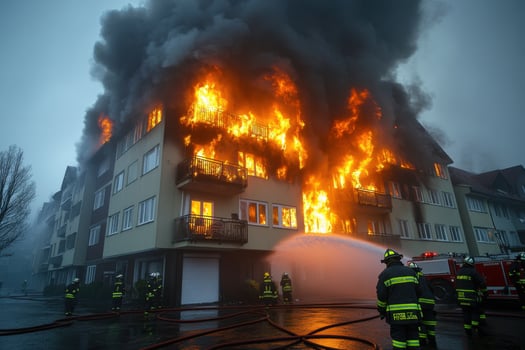 Firefighters fighting a fire in a residential building photo