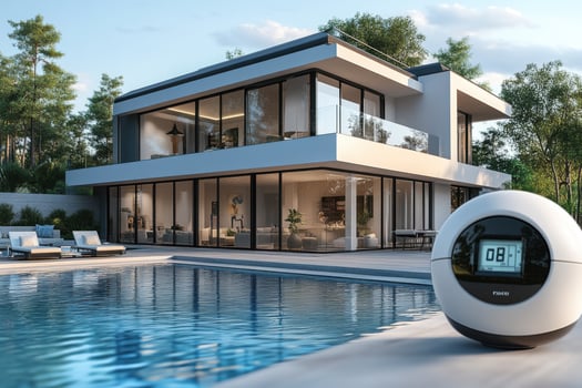 A smart home with a pool and a digital clock photo