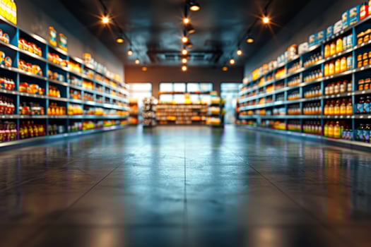 Blurry interior of a large grocery store with aisles and shelves for shopping concept photo