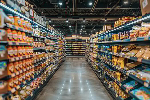 Blurry large grocery store aisles and shelves shopping concept for retail background photo