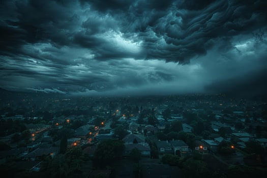 Tornado forming over private american houses in a tense and ominous scene with dark, cloudy skies photo