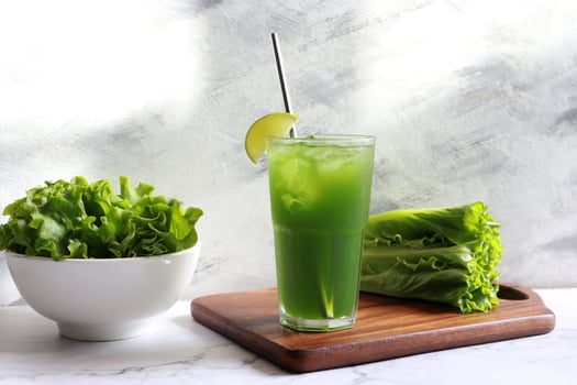 Green vegetable juice glass with fresh veggie for healthy drinking concept photo