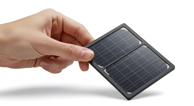 Close-up of human hand holding a small, dual-cell photovoltaic solar panel. photo