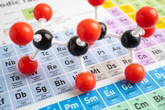 Molecules chemical on periodic table background. photo