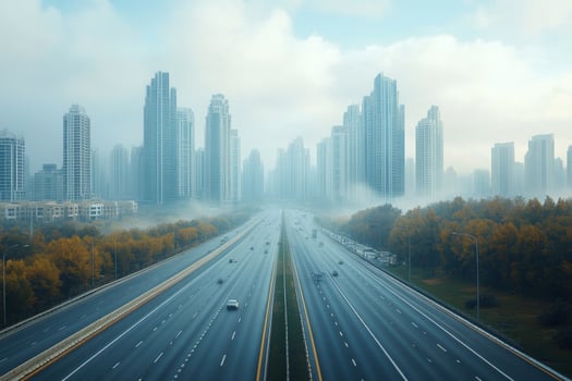 A highway with cars driving down it in the city photo