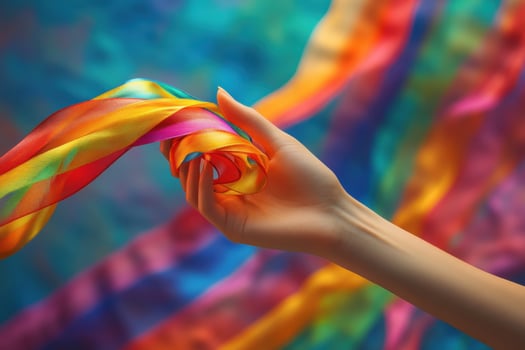A hand holding a rainbow colored ribbon photo