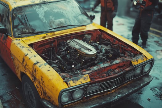 A man is working on an old car with a big engine photo