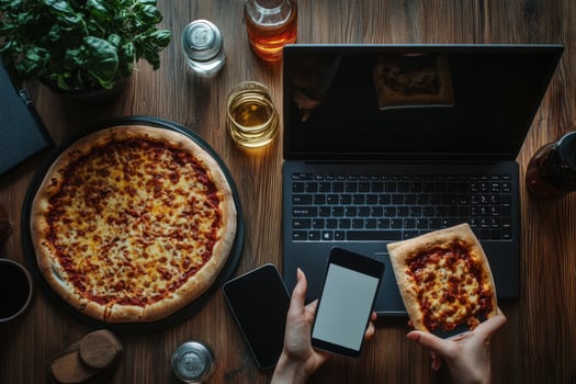 A person is holding a pizza and a laptop on a wooden table photo