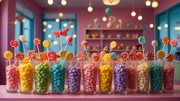 Colorful display of candy jars and lollipops in a vibrant candy shop with cheerful decor photo