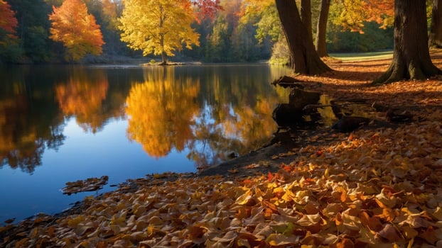 Serene autumn landscape with vibrant trees reflecting in calm water, surrounded by fallen leaves photo