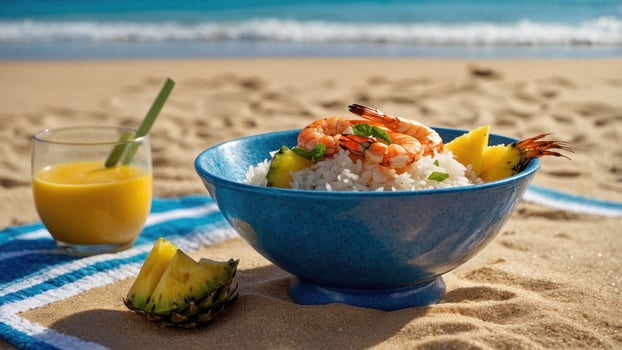 Fresh seafood dish with shrimp and pineapple served on a beach, with a tropical drink nearby photo