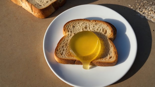 A close-up of a slice of bread topped with a round, yellow substance, outdoors with a blurred background photo