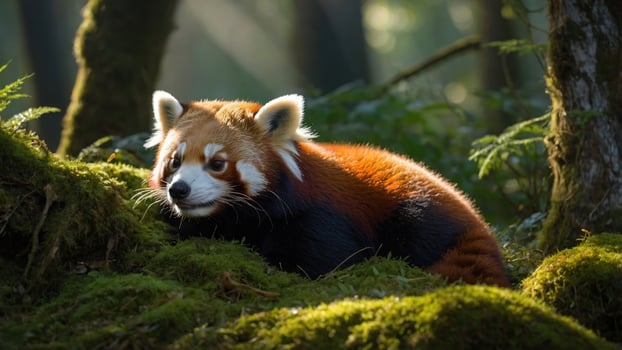 A serene red panda resting on moss-covered ground in a lush forest, sunlight filtering through trees photo