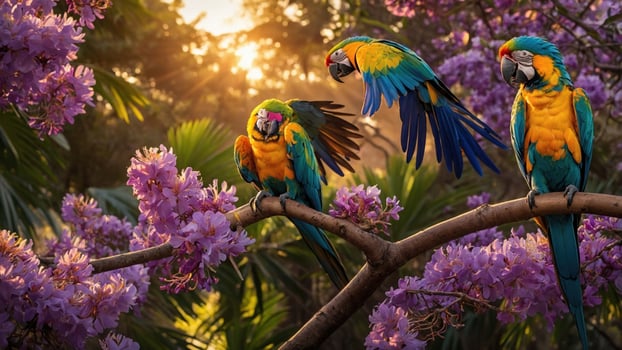 Colorful macaws perched on a branch amidst blooming purple flowers at sunset, creating a vibrant scene photo