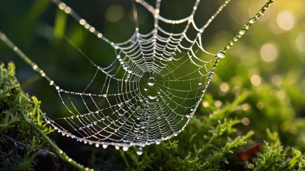 Close-up of a dewy spider web glistening in the morning light, surrounded by lush green moss photo