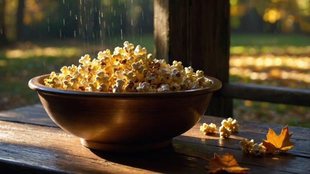 Bowl of freshly popped popcorn on a wooden table, surrounded by autumn leaves in a sunny park photo