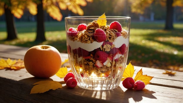 Delicious layered dessert featuring yogurt, granola, and fresh raspberries, set in a sunny autumn park photo