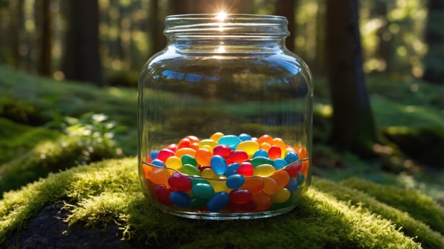 Colorful candy jar illuminated by sunlight in a serene forest setting with lush green moss photo