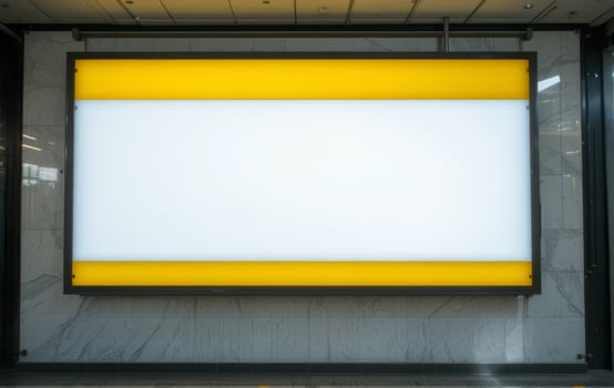 Backlit rectangular sign with yellow borders and a bright white center, empty display frame. photo