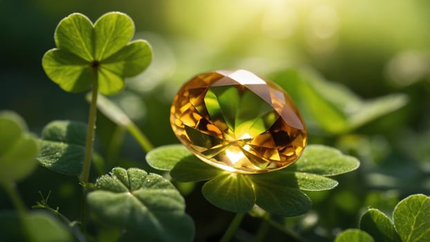 A radiant golden gemstone resting on vibrant green clovers, illuminated by soft sunlight in a serene setting photo