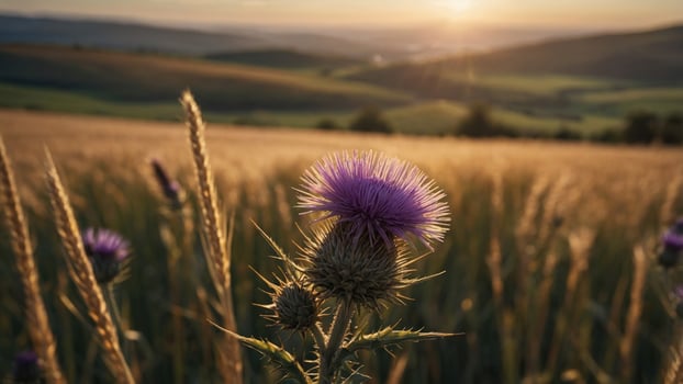Vibrant thistle flower in a golden field at sunset with rolling hills and soft light photo