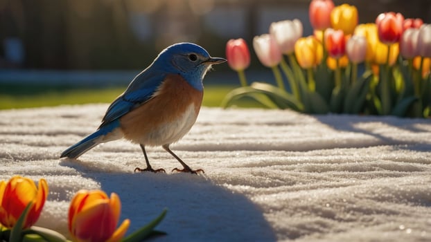 Bluebird perched on snow with colorful tulips in the background during a sunny spring morning photo