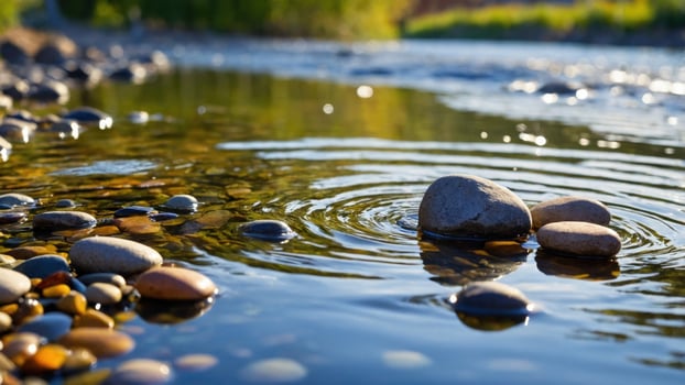 Tranquil river scene showcasing smooth pebbles and gentle ripples under sunlight photo