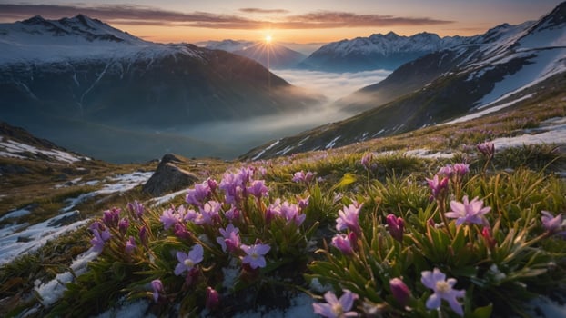 Serene sunrise over a mountain valley adorned with blooming flowers and misty landscapes photo