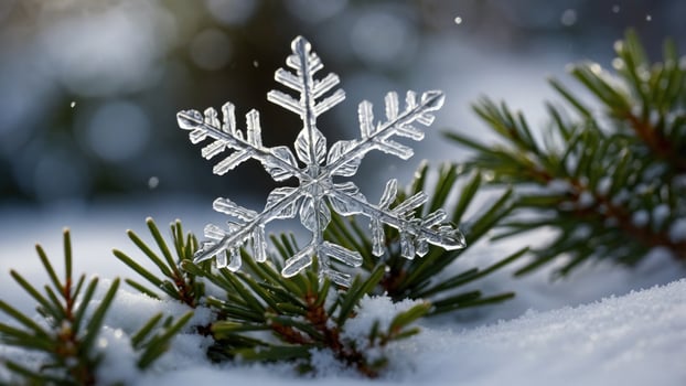 Crystal-clear snowflake resting on evergreen branches amidst a snowy landscape with soft falling snow photo