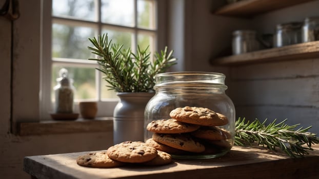 Freshly baked chocolate chip cookies in a glass jar on a rustic wooden table with herbs and sunlight photo