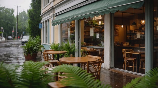 A restaurant with tables and chairs on a rainy day photo