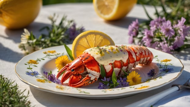 A beautifully plated lobster with lemon and herbs on a floral-patterned dish in a sunny outdoor setting photo
