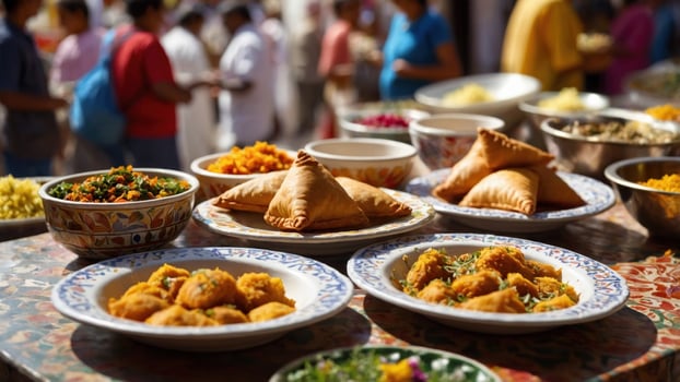 Colorful array of traditional snacks served at a vibrant outdoor market with people mingling in background photo