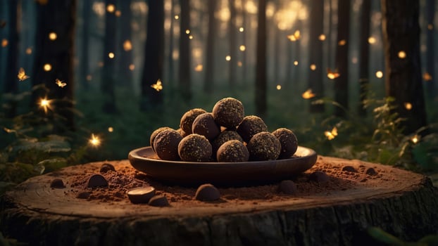 A serene forest scene featuring a plate of chocolate truffles surrounded by glowing fireflies at dusk photo
