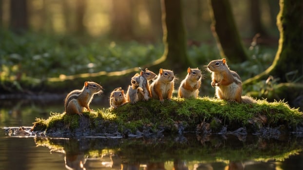 Group of squirrels gathering on a mossy log by a tranquil forest pond during golden hour photo